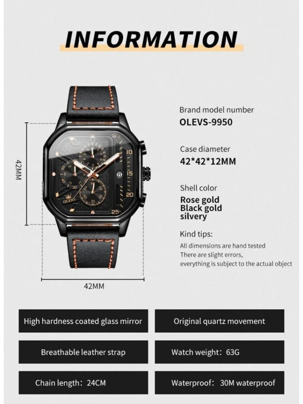 Men's Black Quartz Leather Strap Waterproof Casual Trendy Square Dial Watch